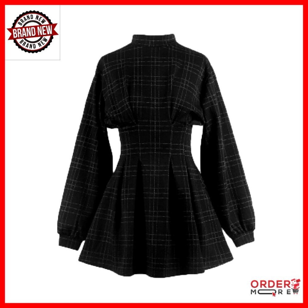 Long Sleeve Mini Dress Plaid Wrap Pleated Punk Gothic Vintage Style - Picture 1 of 7